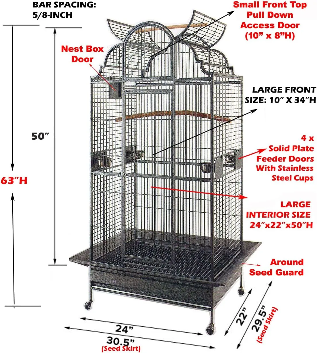 Large Elegance and Durable Wrought Iron Open Play Top Stand Bird Parrot Rolling Cage, Include Metal Seed Guard Solid Metal Feeder Nest Door (30.5 x 29.5 x 63 H, White Vein)