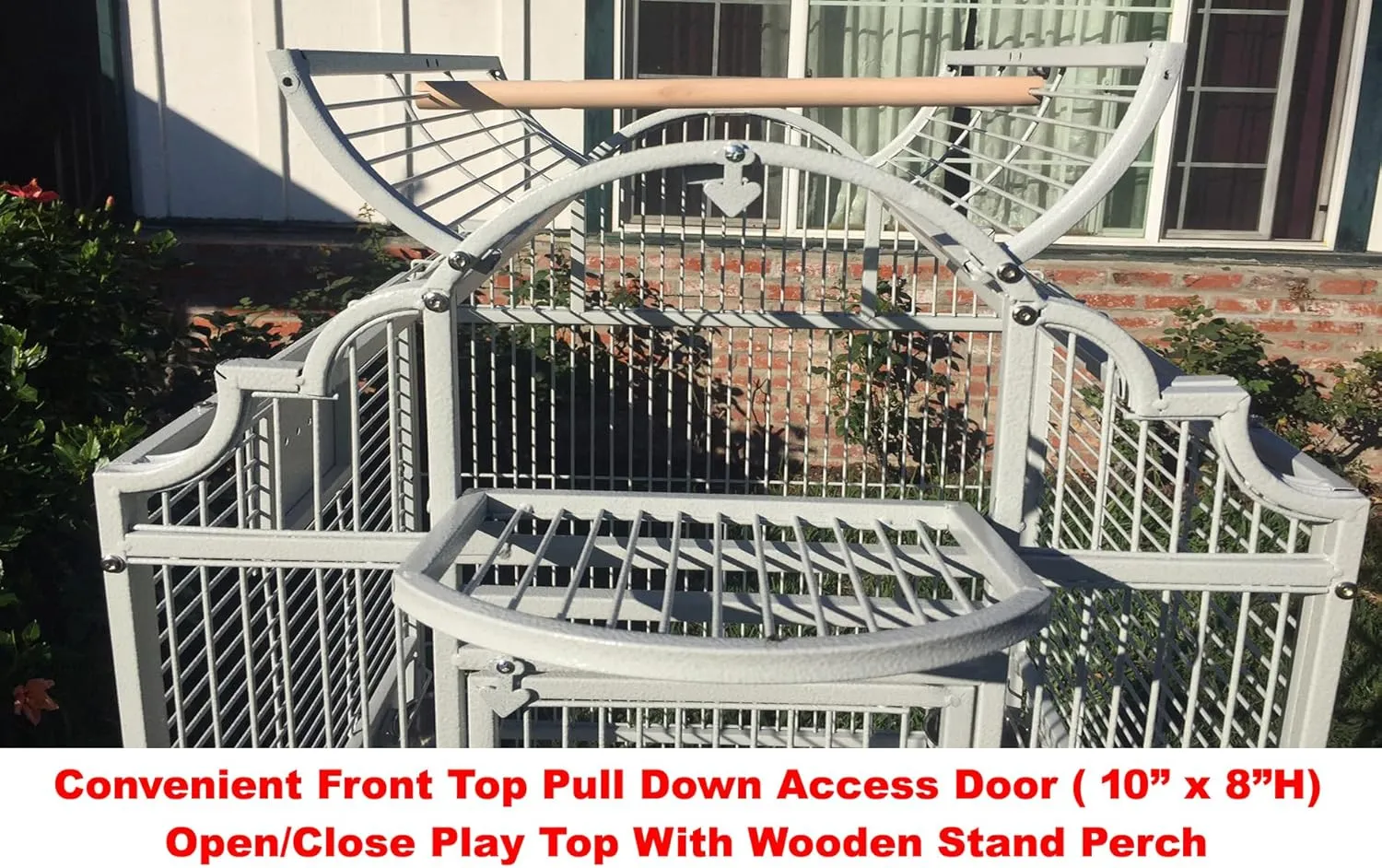 Large Elegance and Durable Wrought Iron Open Play Top Stand Bird Parrot Rolling Cage, Include Metal Seed Guard Solid Metal Feeder Nest Door (30.5 x 29.5 x 63 H, White Vein)