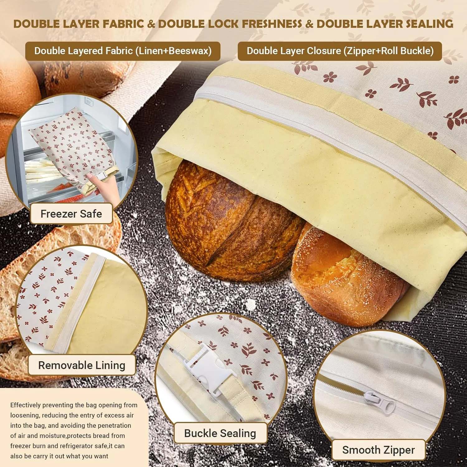 Large Linen Beeswax Bread Bags(2 Pack) Sourdough Bread Bags Reusable Double-Lock Freezer Baking Container Gift Giving for Homemade,Loaf,Sourdough,Food Storage (Flowers 1)