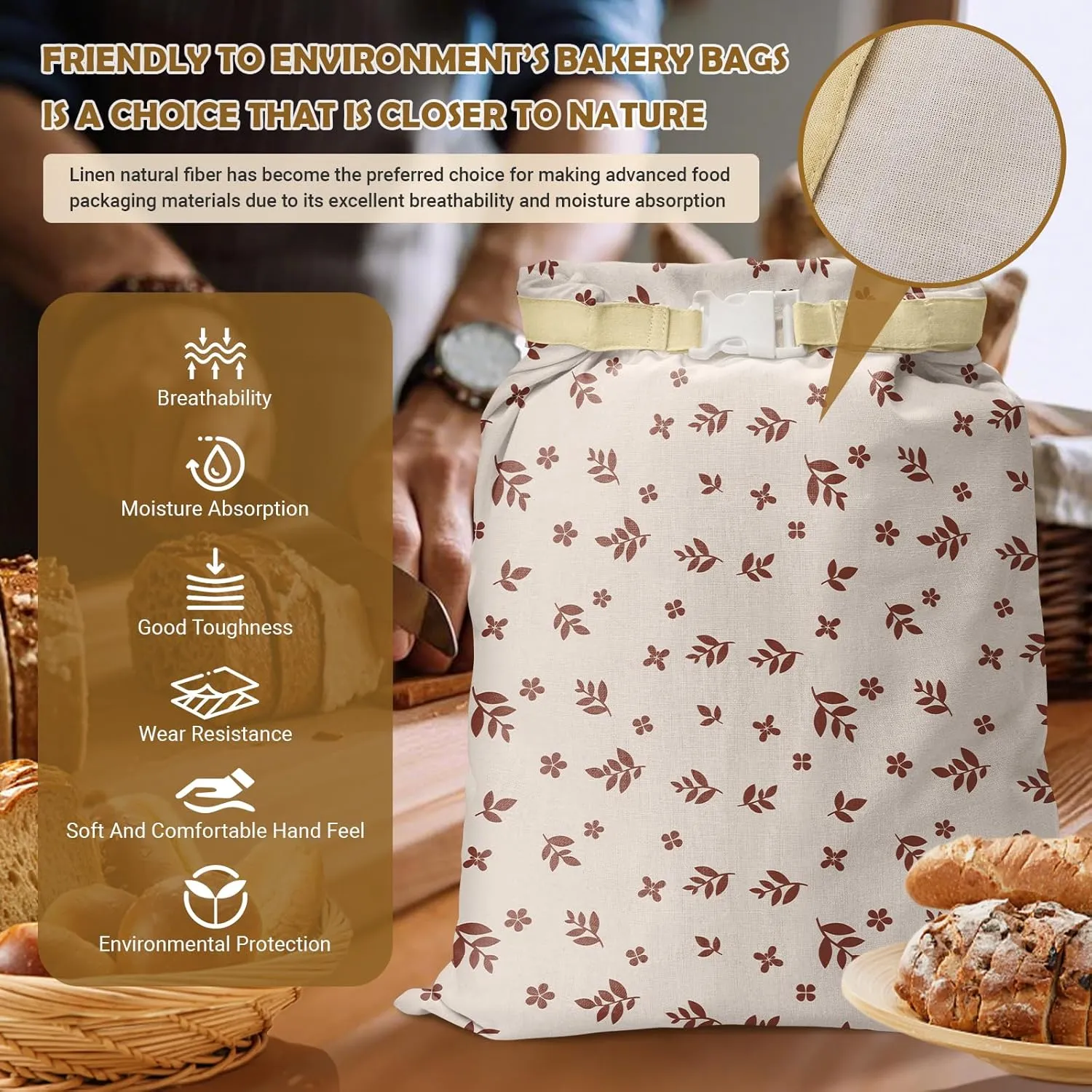 Large Linen Beeswax Bread Bags(2 Pack) Sourdough Bread Bags Reusable Double-Lock Freezer Baking Container Gift Giving for Homemade,Loaf,Sourdough,Food Storage (Flowers 1)
