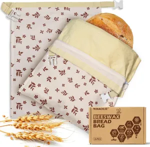Large Linen Beeswax Bread Bags(2 Pack) Sourdough Bread Bags Reusable Double-Lock Freezer Baking Container Gift Giving for Homemade,Loaf,Sourdough,Food Storage (Flowers 1)