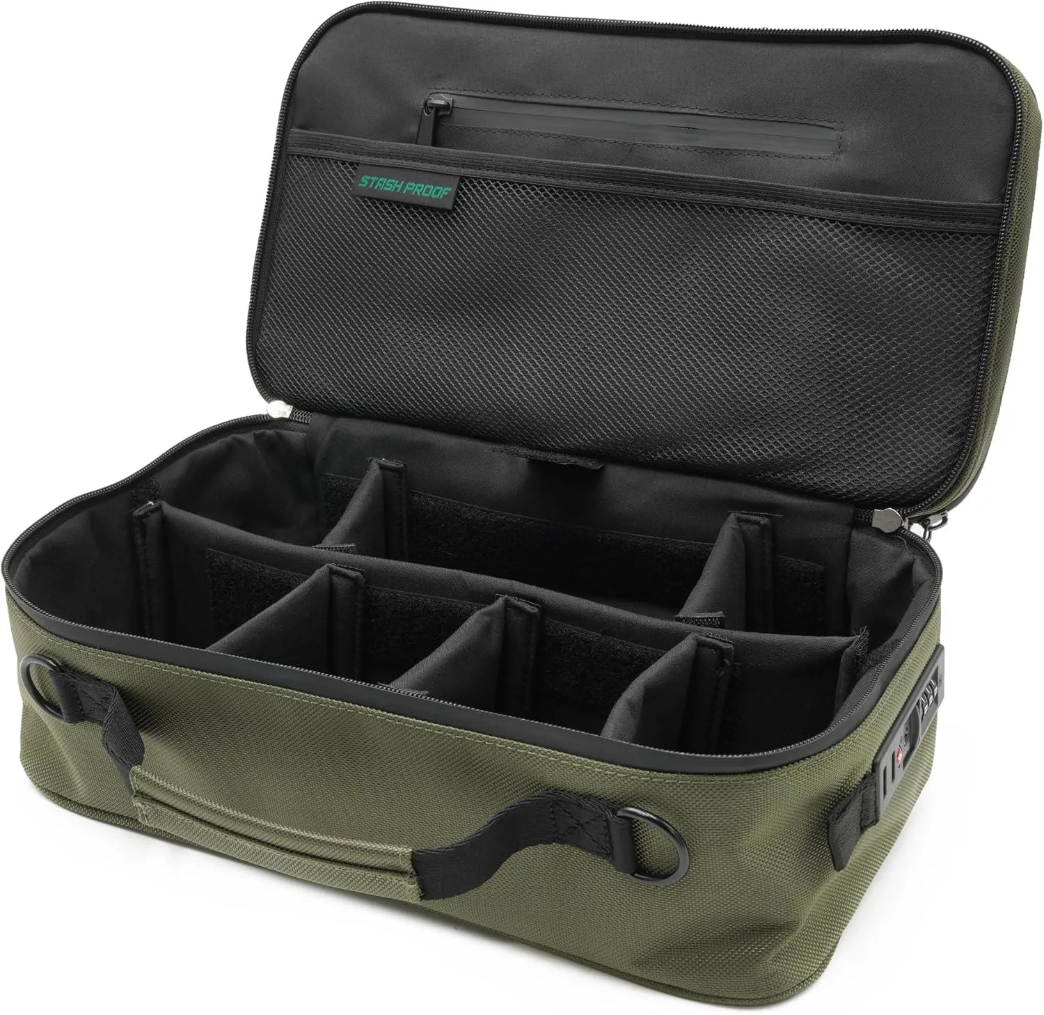 Large Storage Case with TSA Combination Lock Bag, Reverse Pocket Carbon Lined, XL Medicine Lockable Box for Travel & Home Secured Box Organizer Divider Jars Accessories, Removable Tray (Dark Green)