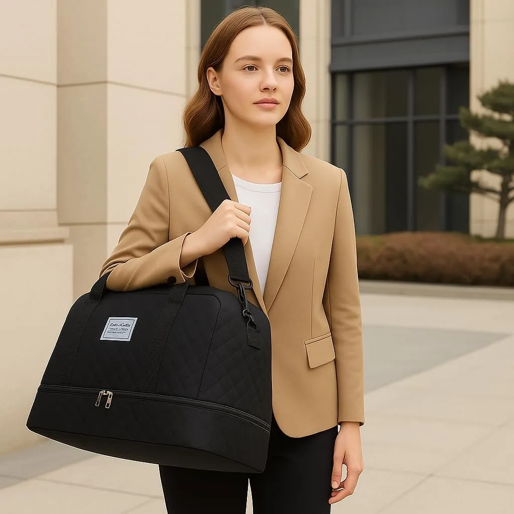 Large Travel Duffel Bag, 20.8 x 11.8 x 9.8 inches, Wet-Dry Compartments, Shoulder Strap, Beige (black)