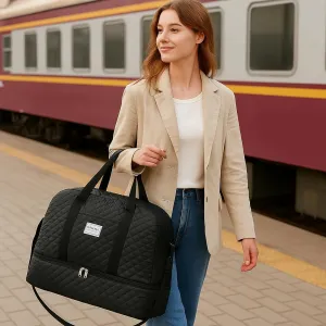 Large Travel Duffel Bag, 20.8 x 11.8 x 9.8 inches, Wet-Dry Compartments, Shoulder Strap, Beige (black)