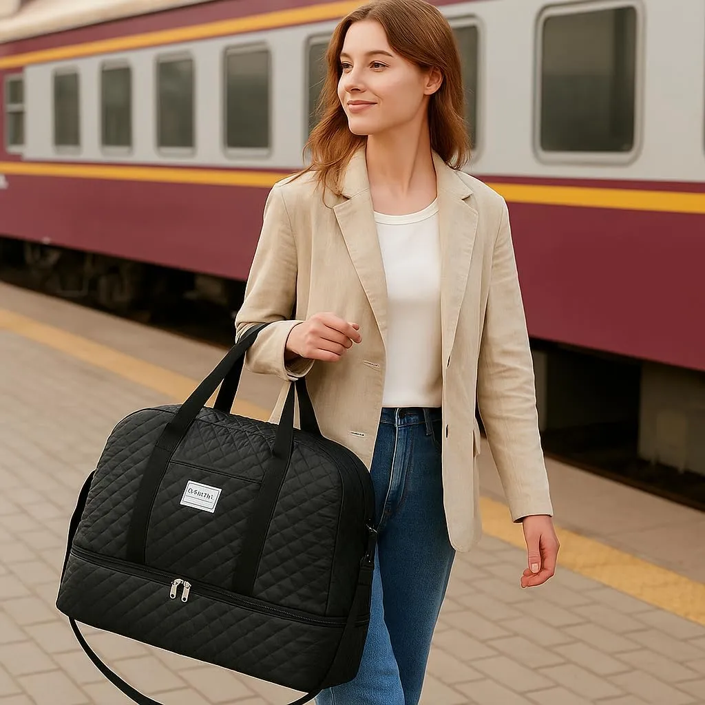 Large Travel Duffel Bag, 20.8 x 11.8 x 9.8 inches, Wet-Dry Compartments, Shoulder Strap, Beige (black)