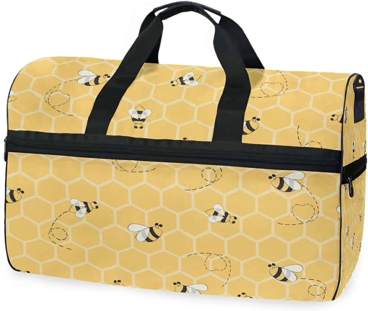 Large Travel Duffel Bag for Women Men Yellow Honeycomb Bee Pattern Sports Tote Gym Bag Shoulder Weekender Foldable Overnight Bags with Shoe Compartments, Lightweight
