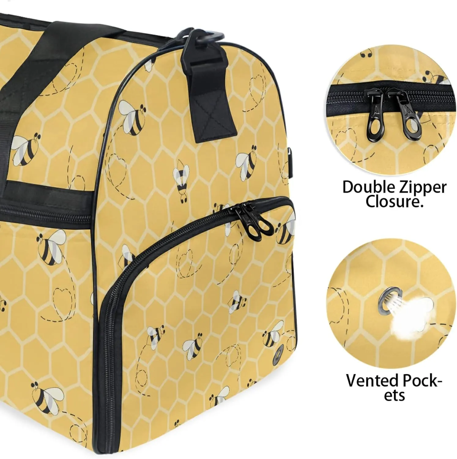 Large Travel Duffel Bag for Women Men Yellow Honeycomb Bee Pattern Sports Tote Gym Bag Shoulder Weekender Foldable Overnight Bags with Shoe Compartments, Lightweight