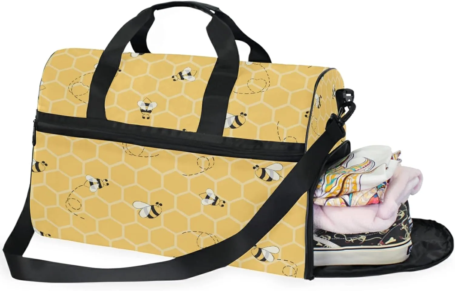 Large Travel Duffel Bag for Women Men Yellow Honeycomb Bee Pattern Sports Tote Gym Bag Shoulder Weekender Foldable Overnight Bags with Shoe Compartments, Lightweight
