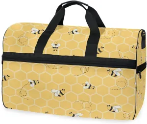 Large Travel Duffel Bag for Women Men Yellow Honeycomb Bee Pattern Sports Tote Gym Bag Shoulder Weekender Foldable Overnight Bags with Shoe Compartments, Lightweight