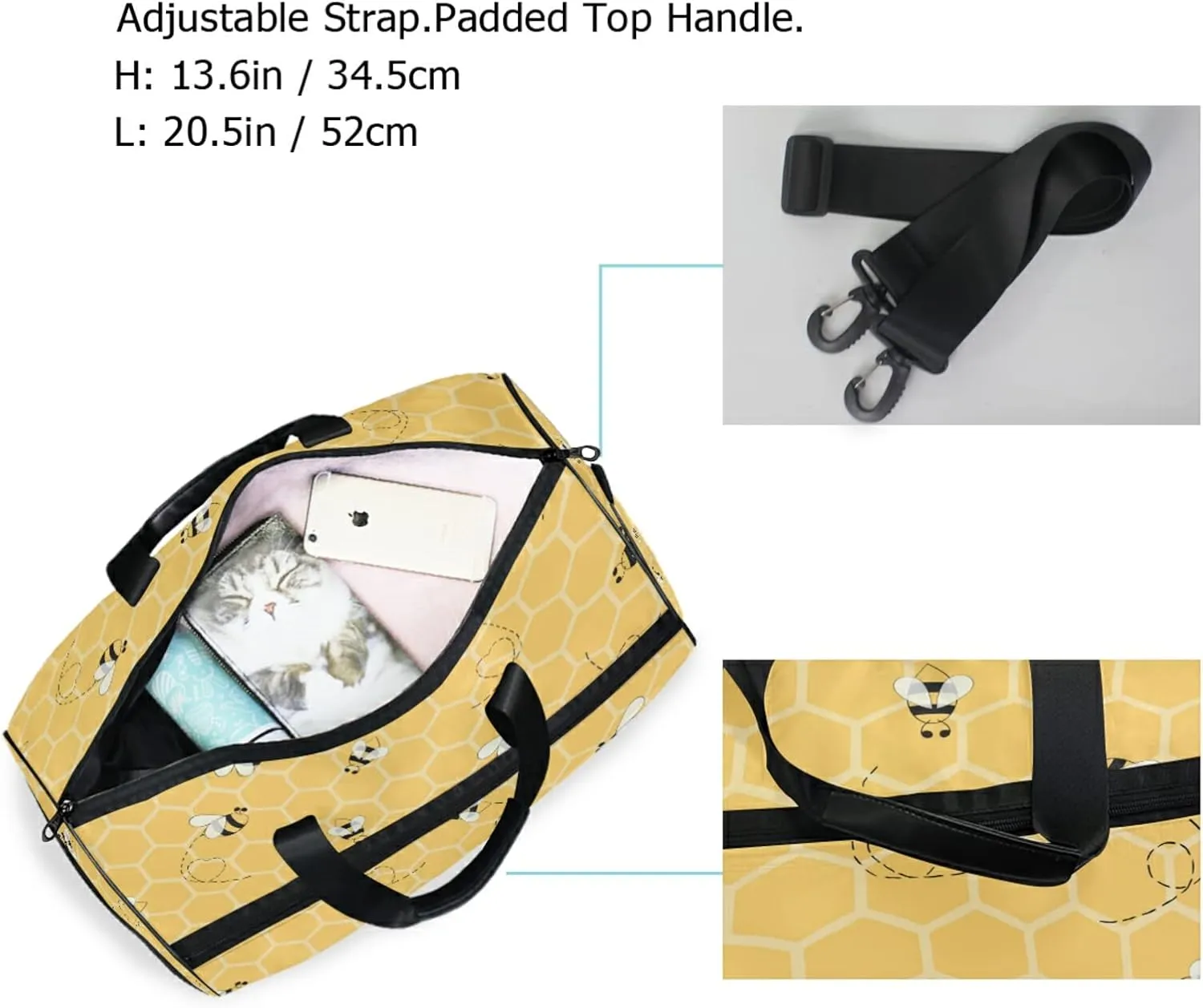 Large Travel Duffel Bag for Women Men Yellow Honeycomb Bee Pattern Sports Tote Gym Bag Shoulder Weekender Foldable Overnight Bags with Shoe Compartments, Lightweight