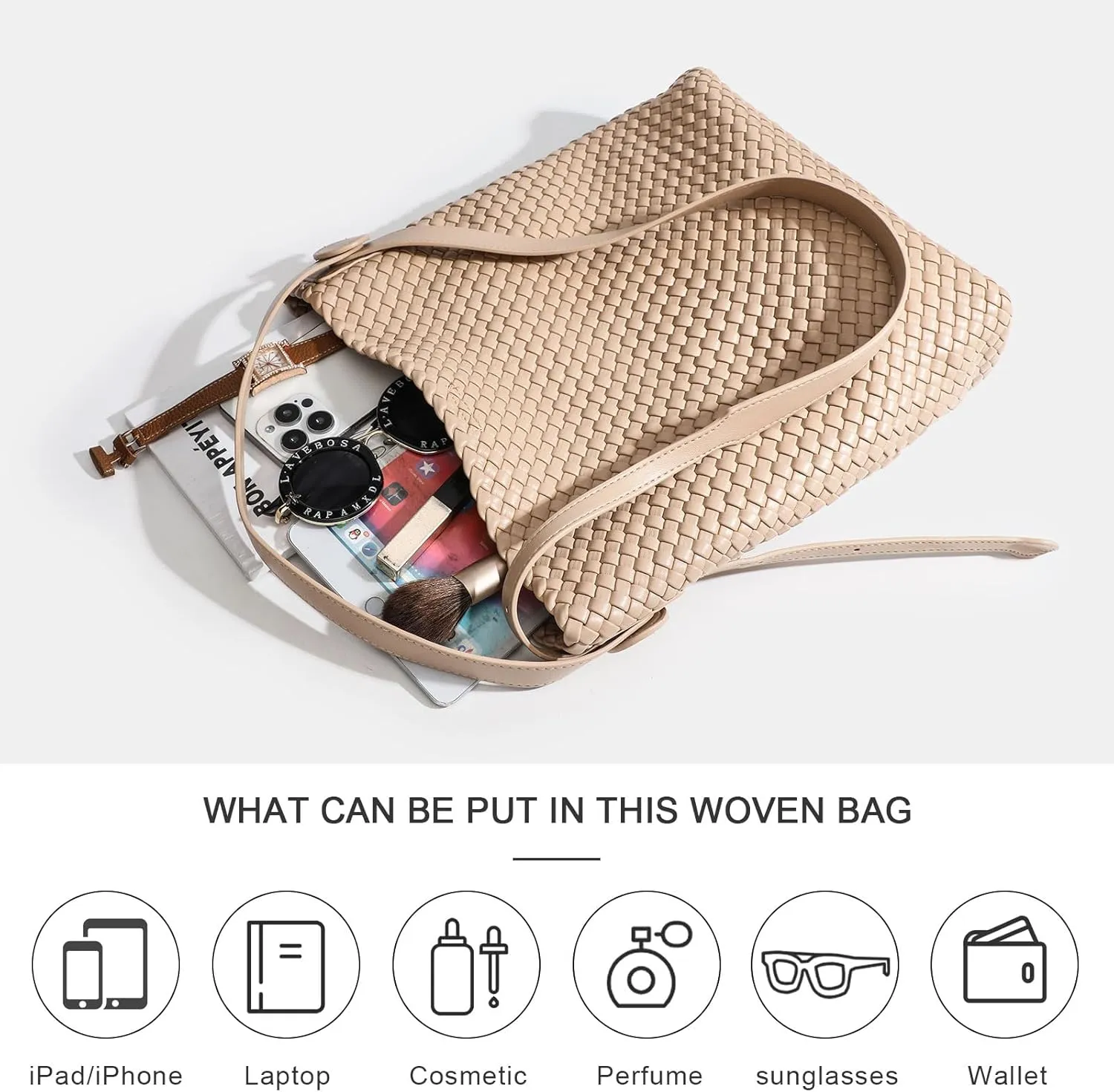 Large Woven Tote Bag Vegan Leather Shoulder Bag for Women Fashion Travel Shopper Bag Top Handle Handbag and Purse