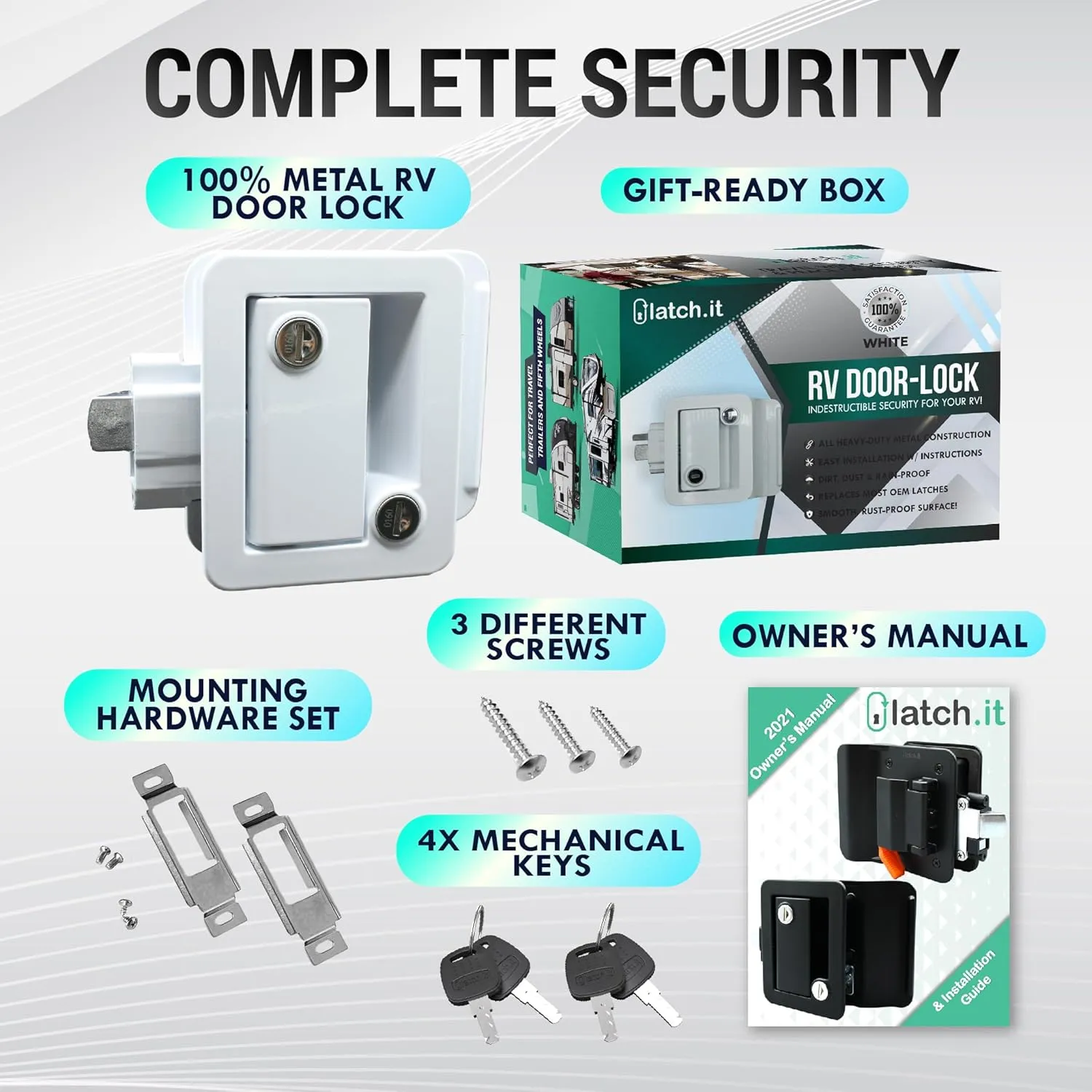 LATCH.IT White RV Door Lock Replacement | RV Door Locks | RV Door Handle w/ 4 Keys | Camper Door Lock | Trailer Door Lock | Camper Lock Replacement | Camper Door Latch only Fits 2.75"x3.75" Lock Hole