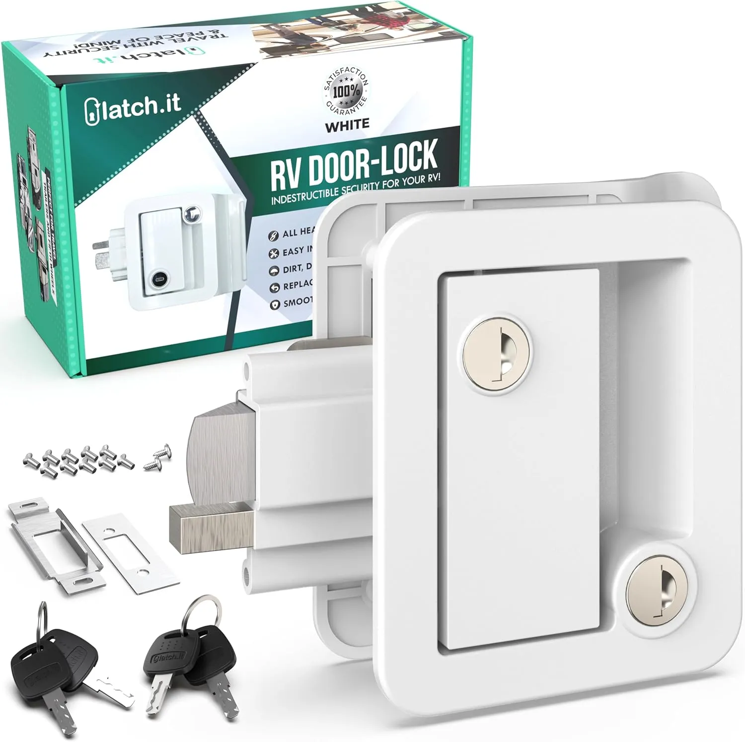 LATCH.IT White RV Door Lock Replacement | RV Door Locks | RV Door Handle w/ 4 Keys | Camper Door Lock | Trailer Door Lock | Camper Lock Replacement | Camper Door Latch only Fits 2.75"x3.75" Lock Hole