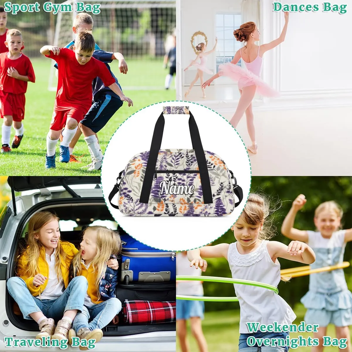Lavender Blooming Personalized Kids Gym Bag Custom Dance Bag with Name Sport Duffel Bag for Girls Boys Weekender Overnight Travel Bag