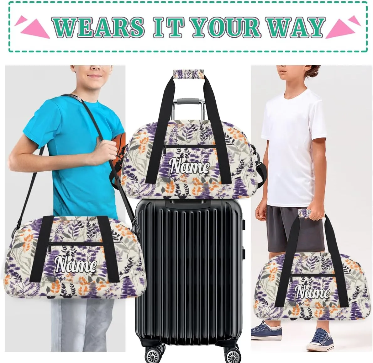 Lavender Blooming Personalized Kids Gym Bag Custom Dance Bag with Name Sport Duffel Bag for Girls Boys Weekender Overnight Travel Bag