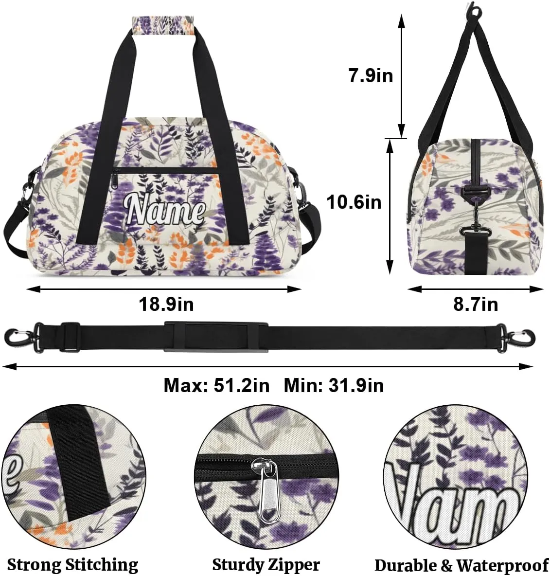 Lavender Blooming Personalized Kids Gym Bag Custom Dance Bag with Name Sport Duffel Bag for Girls Boys Weekender Overnight Travel Bag