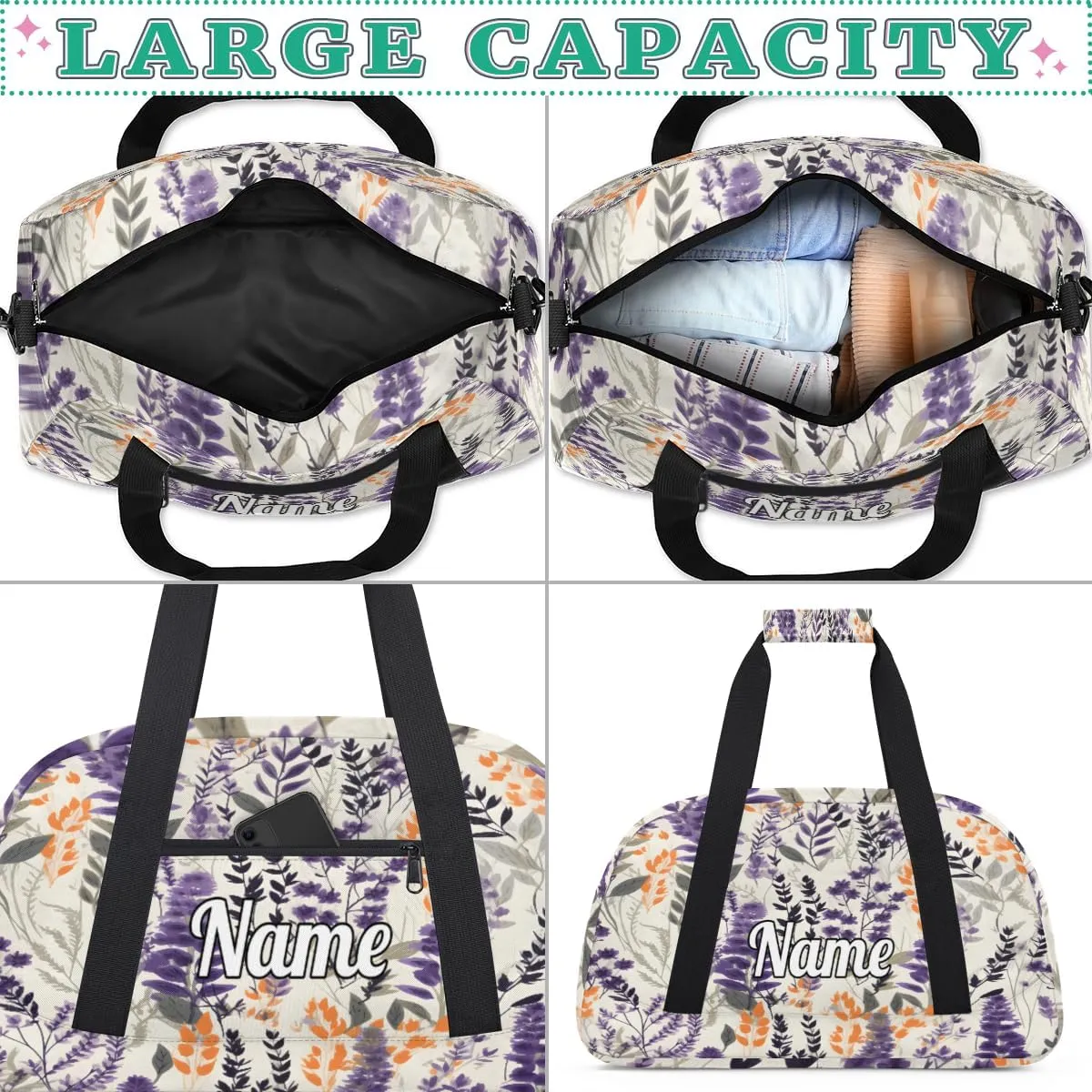 Lavender Blooming Personalized Kids Gym Bag Custom Dance Bag with Name Sport Duffel Bag for Girls Boys Weekender Overnight Travel Bag