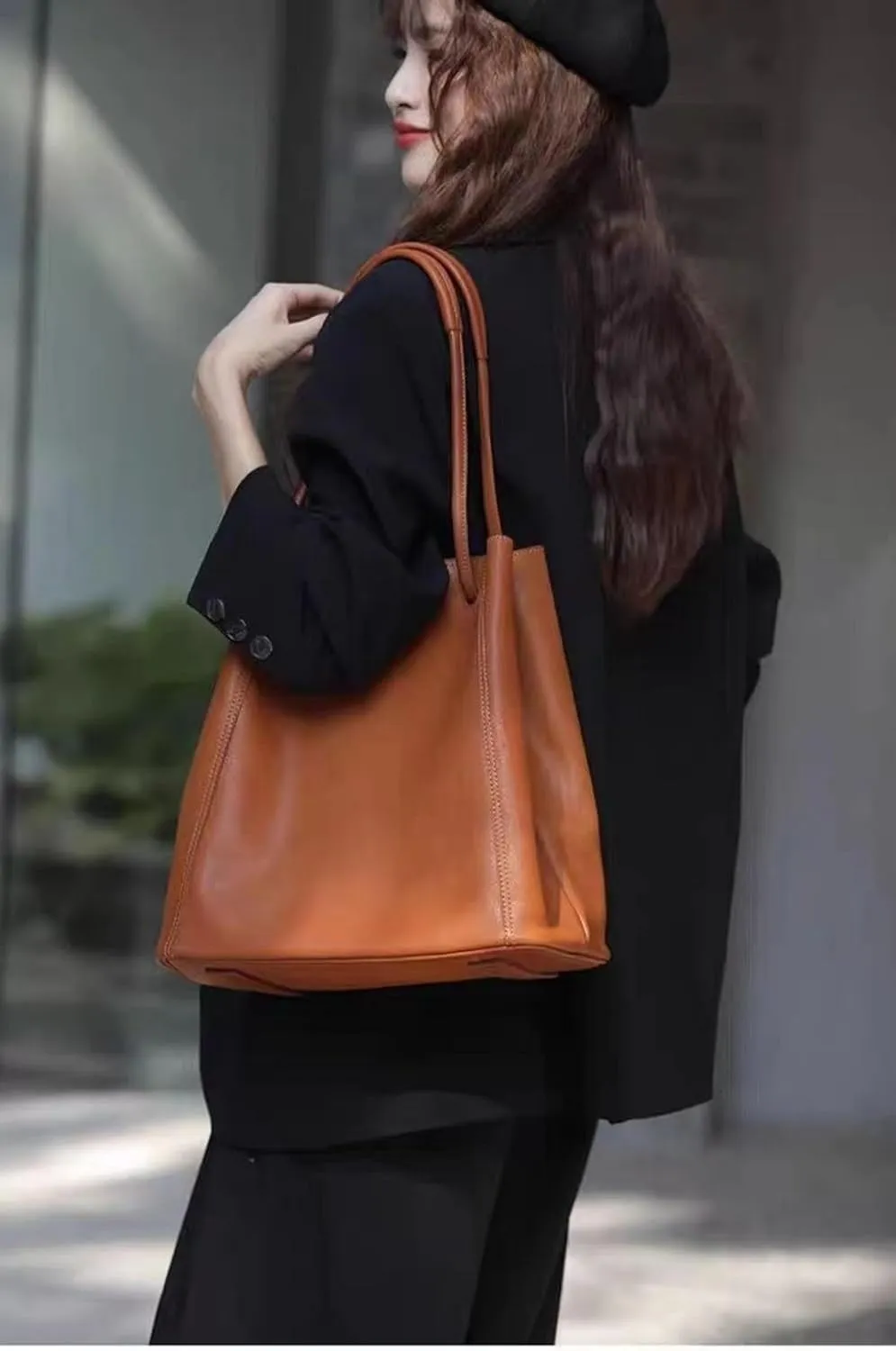 Lazy Bucket Vegetable Tanned Cowhide Large Capacity Commuter Tote College Student Hand-held Crossbody Bag on One Shoulder