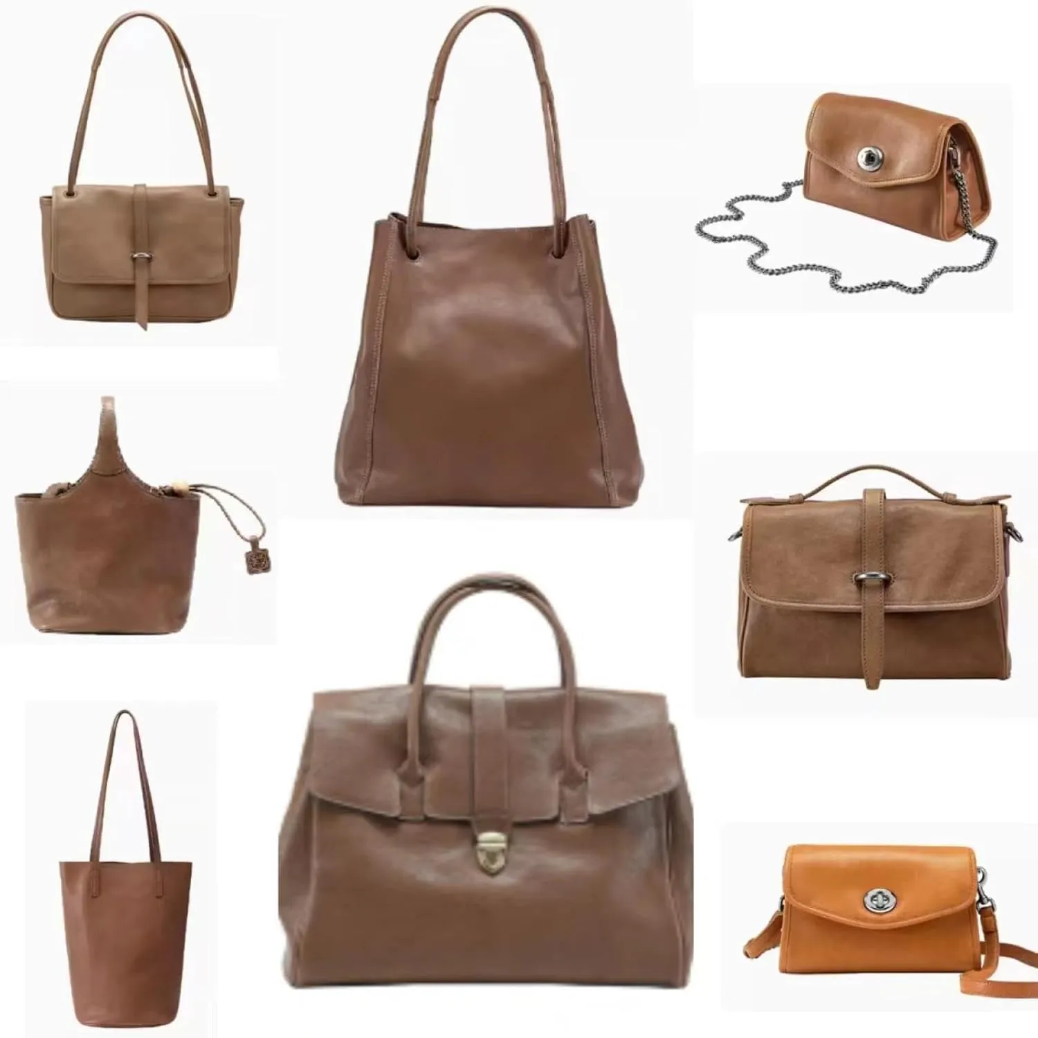 Lazy Bucket Vegetable Tanned Cowhide Large Capacity Commuter Tote College Student Hand-held Crossbody Bag on One Shoulder