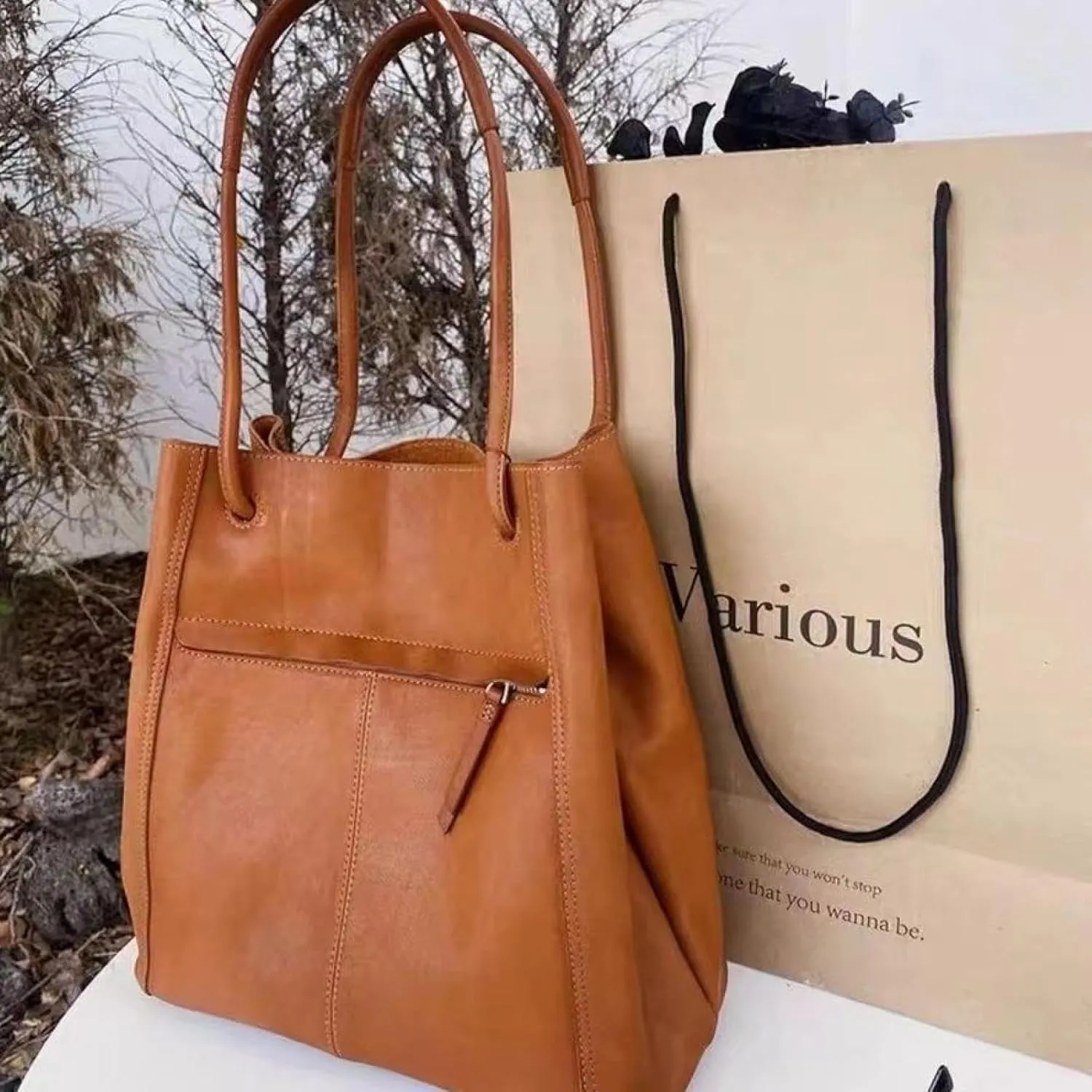Lazy Bucket Vegetable Tanned Cowhide Large Capacity Commuter Tote College Student Hand-held Crossbody Bag on One Shoulder
