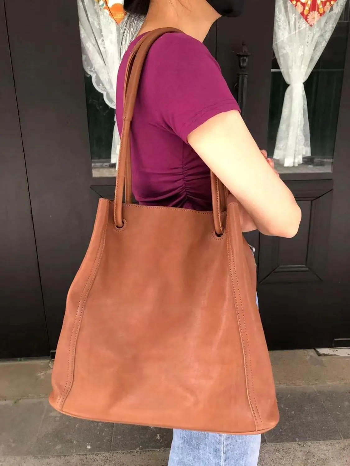 Lazy Bucket Vegetable Tanned Cowhide Large Capacity Commuter Tote College Student Hand-held Crossbody Bag on One Shoulder