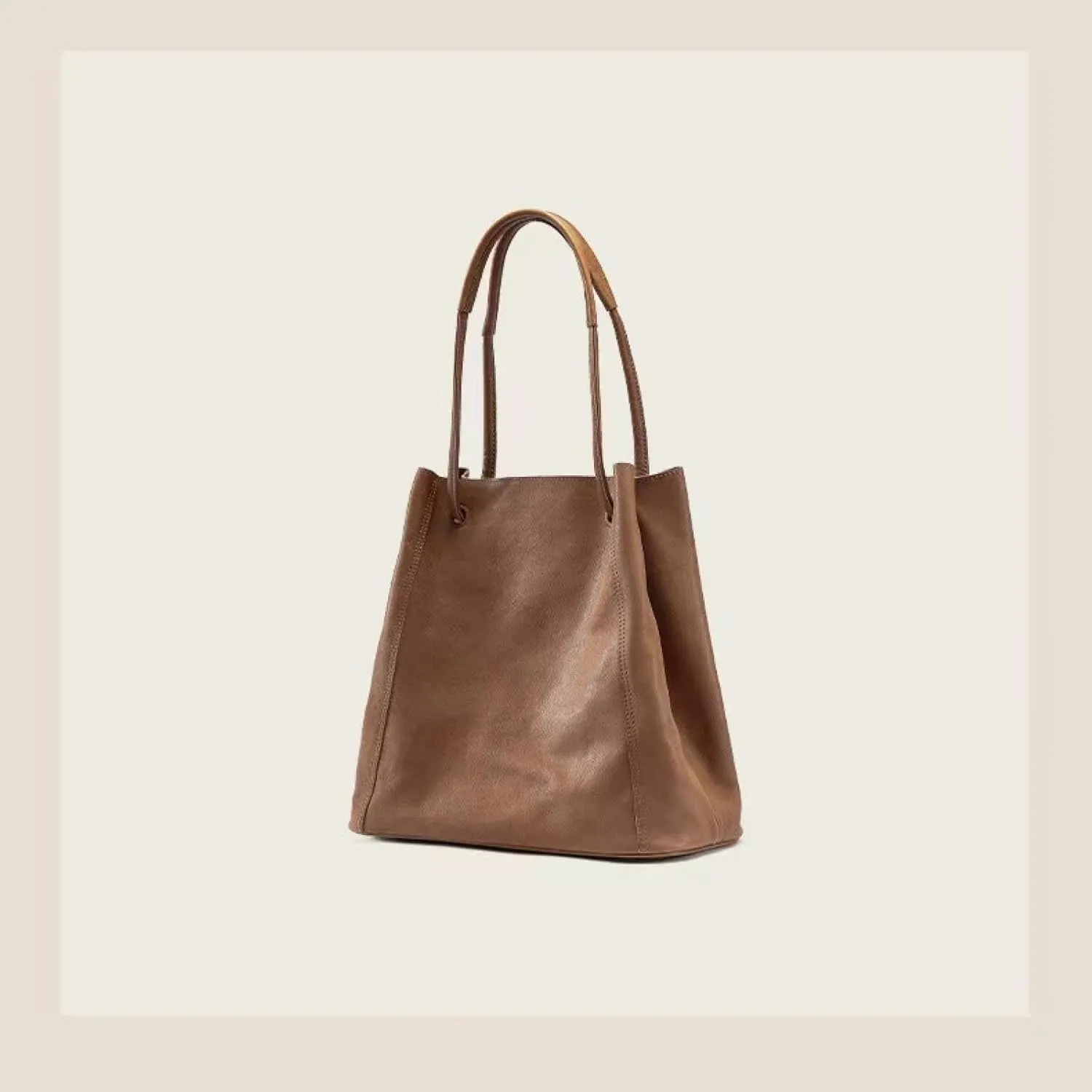 Lazy Bucket Vegetable Tanned Cowhide Large Capacity Commuter Tote College Student Hand-held Crossbody Bag on One Shoulder