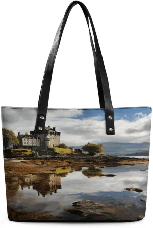 Leather Tote Bag Crossbody Bags for Women Fashion Top Handle Handbag Scotland Castle Water Lake Scottish Ladies Shoulder Bags Casual Beach Bag Gym Bages Ladies Purses for Shopping Work Travel