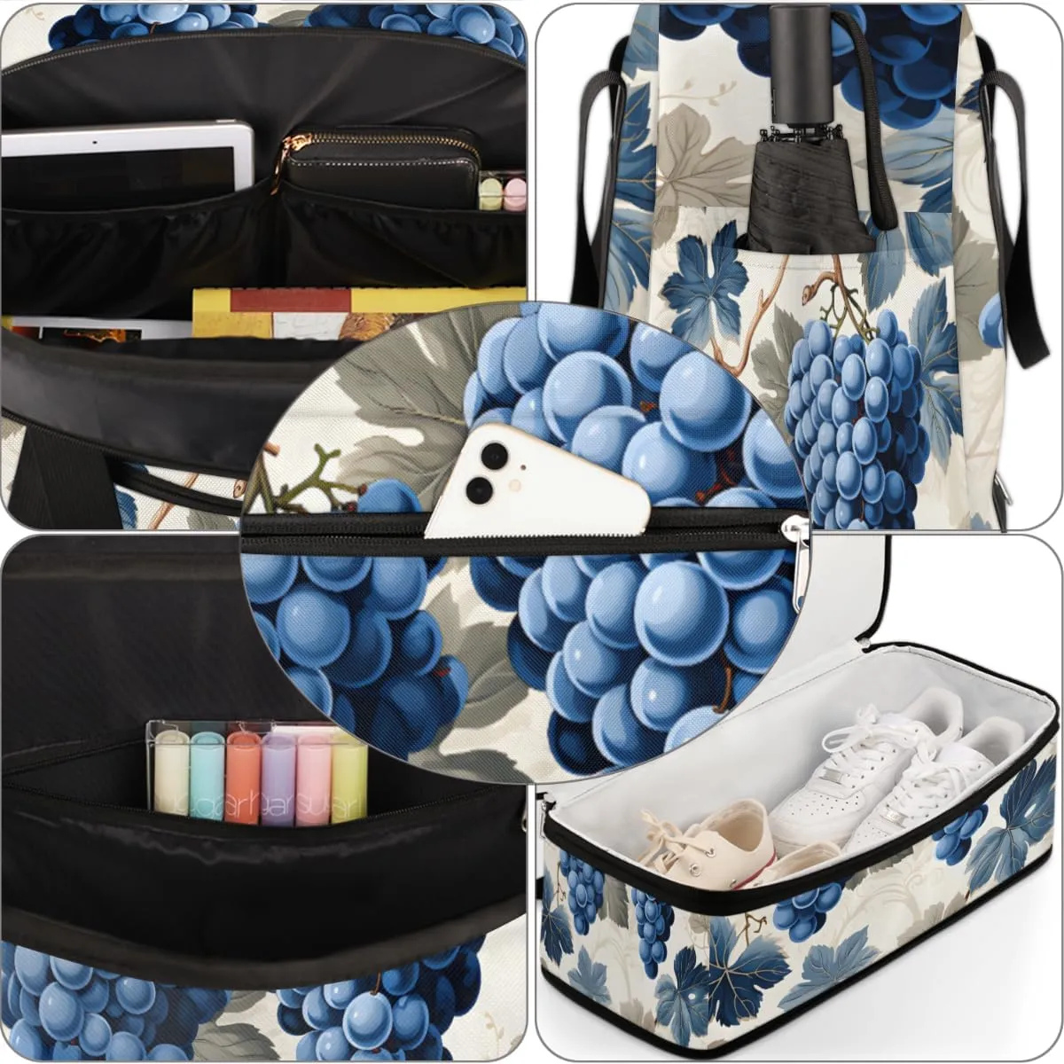 Leaves Grapes Foldable Travel Duffel Bag Overnight Weekender Bag with Shoes Compartment Sports Gym Bag for Men Women