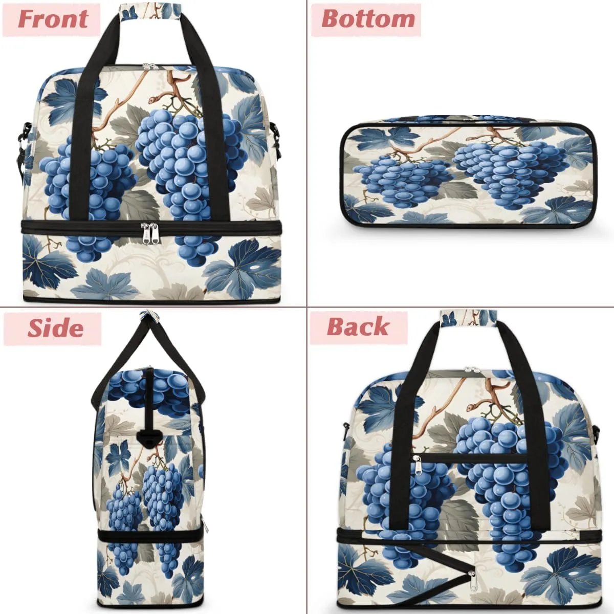 Leaves Grapes Foldable Travel Duffel Bag Overnight Weekender Bag with Shoes Compartment Sports Gym Bag for Men Women