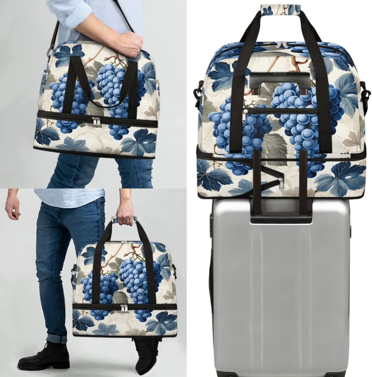 Leaves Grapes Foldable Travel Duffel Bag Overnight Weekender Bag with Shoes Compartment Sports Gym Bag for Men Women