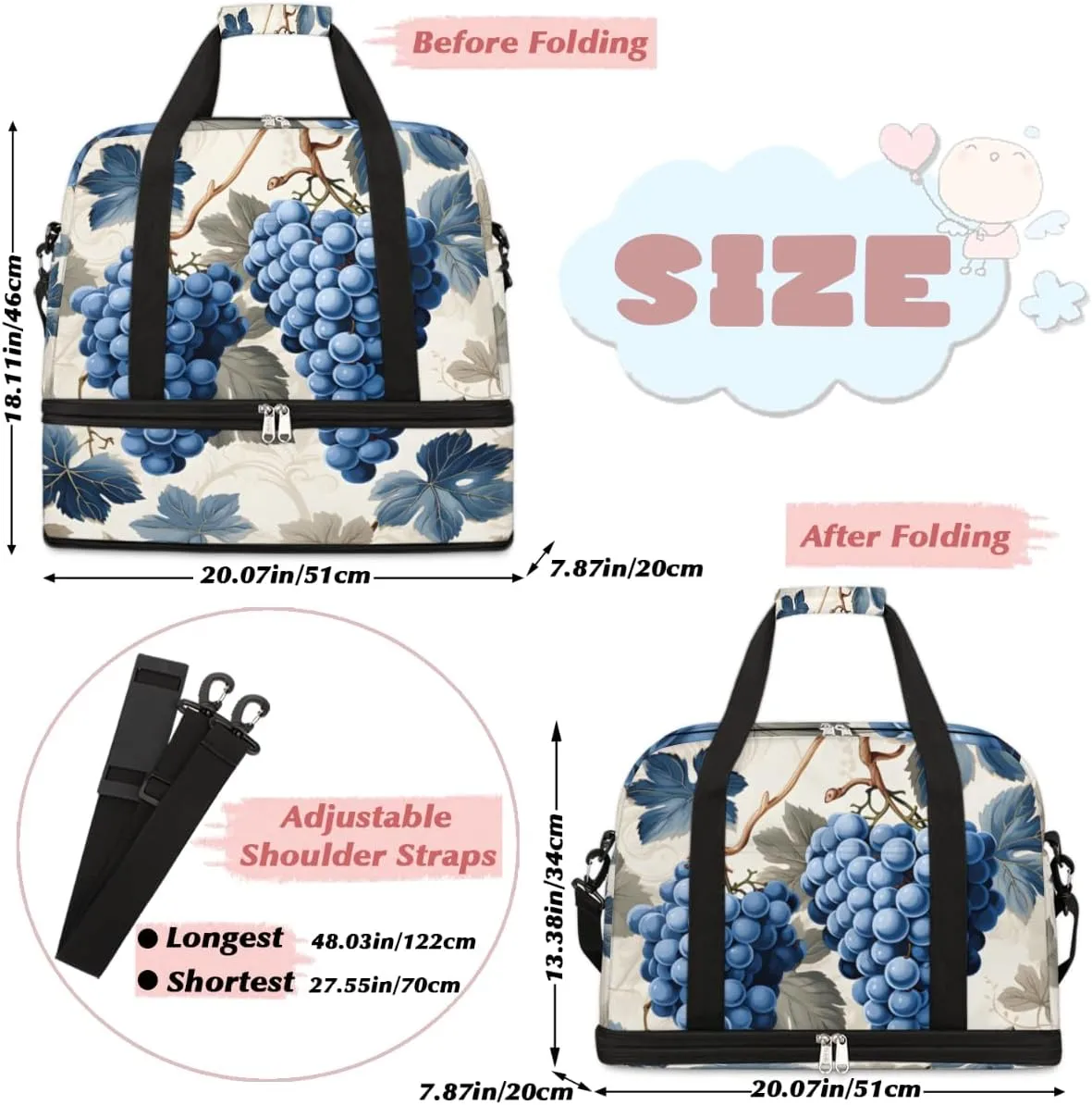 Leaves Grapes Foldable Travel Duffel Bag Overnight Weekender Bag with Shoes Compartment Sports Gym Bag for Men Women