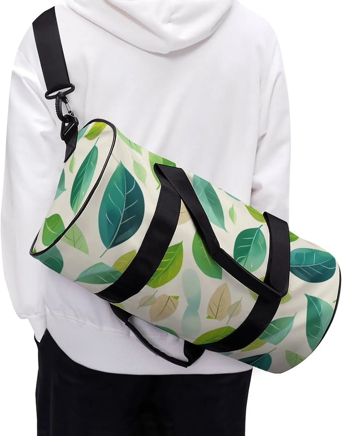 Leaves Travel Gym Bag for Women Men Light Colours Cylindrical Duffle Bag Sport Workout Bag with Shoulder Strap