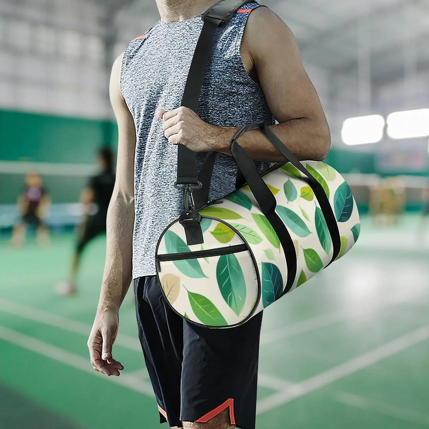 Leaves Travel Gym Bag for Women Men Light Colours Cylindrical Duffle Bag Sport Workout Bag with Shoulder Strap