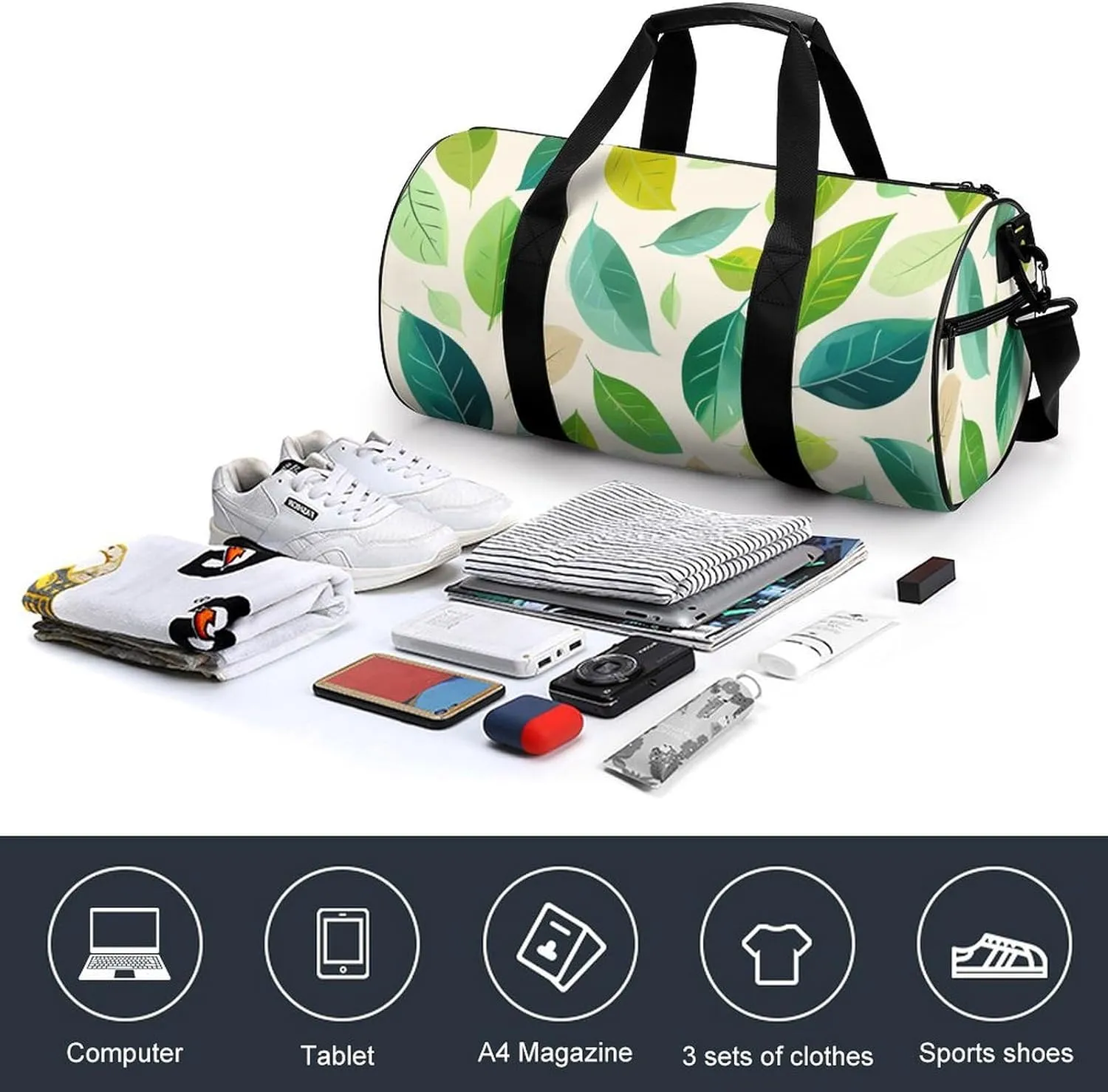 Leaves Travel Gym Bag for Women Men Light Colours Cylindrical Duffle Bag Sport Workout Bag with Shoulder Strap