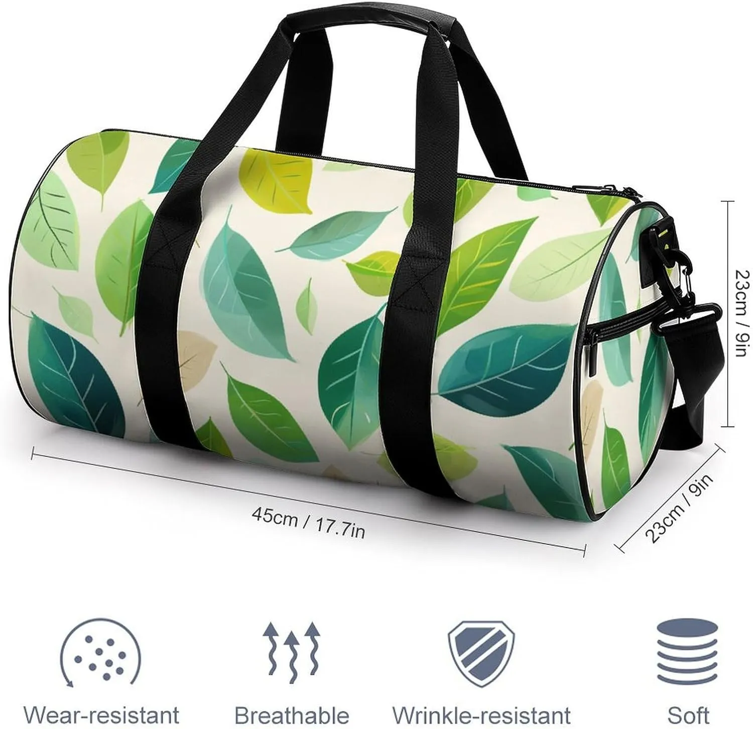 Leaves Travel Gym Bag for Women Men Light Colours Cylindrical Duffle Bag Sport Workout Bag with Shoulder Strap