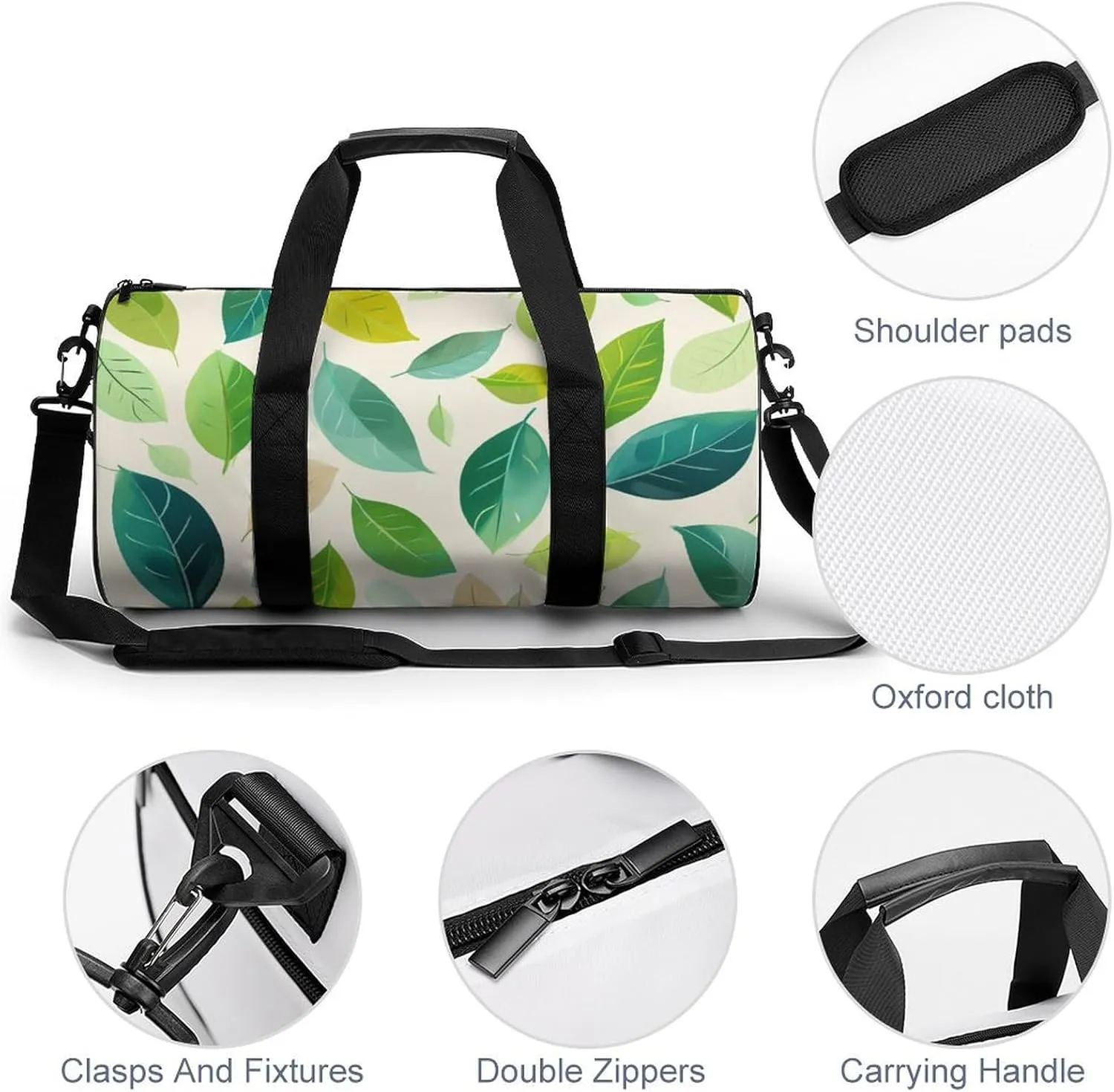 Leaves Travel Gym Bag for Women Men Light Colours Cylindrical Duffle Bag Sport Workout Bag with Shoulder Strap