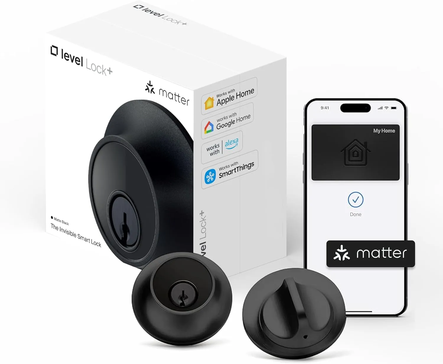 Level Lock  (Matter) Smart Lock - World's Smallest, Most Advanced Matter-Over-Thread Deadbolt Plus Apple Home Key - Keyless and Remote Access via Apple, Alexa, Google Home, SmartThings (Matte Black)