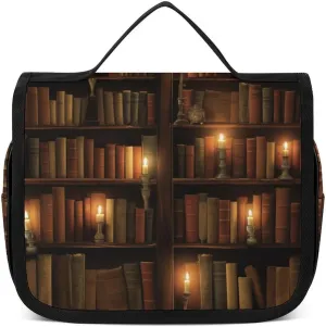 Library Bookshelf Candlelight Portable Toiletry Bags,Travel Makeup Bags,Travel Cosmetic Bags,with Handle,Large Capacity