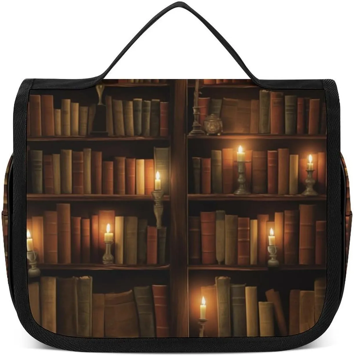 Library Bookshelf Candlelight Portable Toiletry Bags,Travel Makeup Bags,Travel Cosmetic Bags,with Handle,Large Capacity