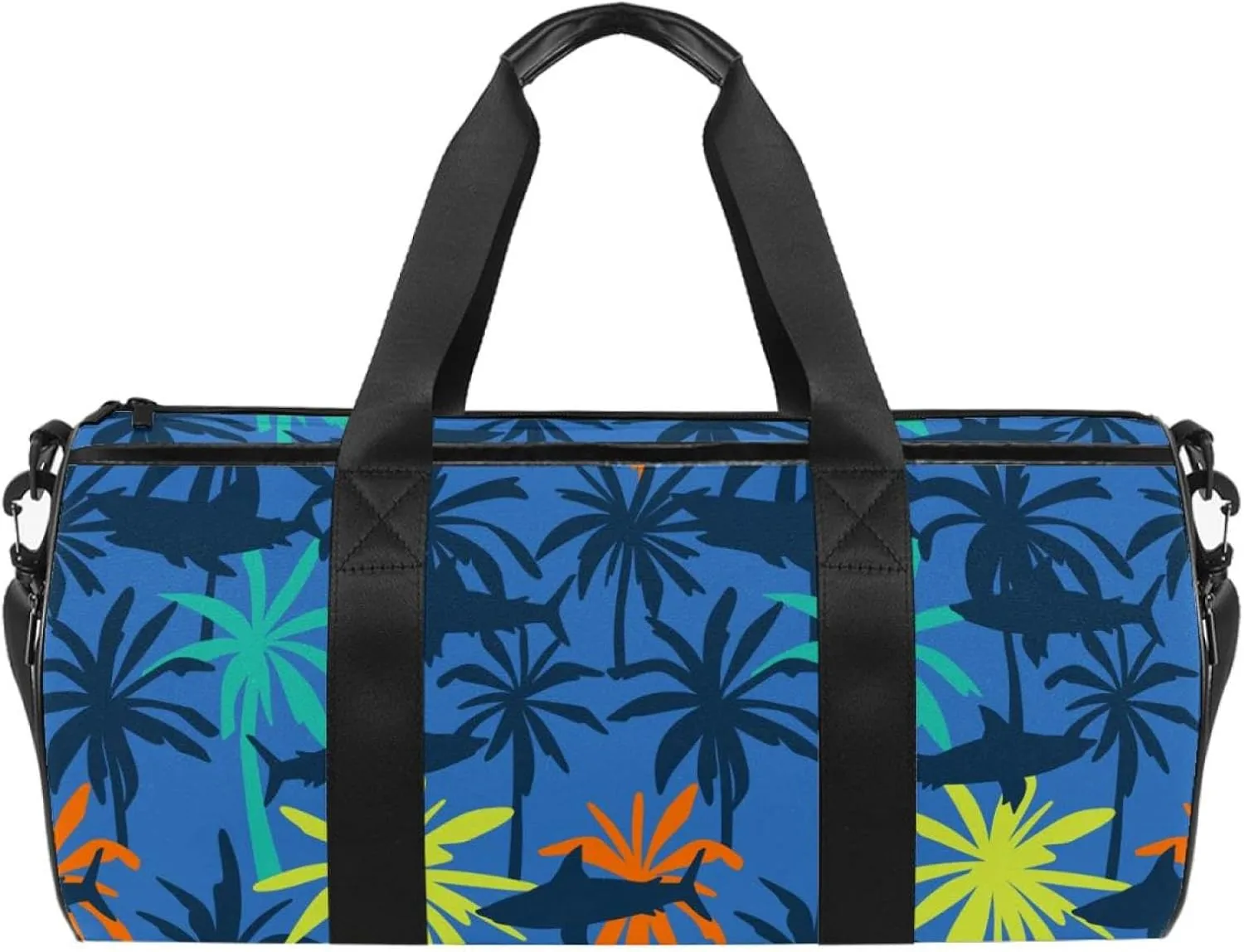 Lightweight Travel Duffle Bag Cute Shark and Palm Tree, Small Fitness Gym Bag with Wet Separation, Sports Swim Weekender Tote Bag