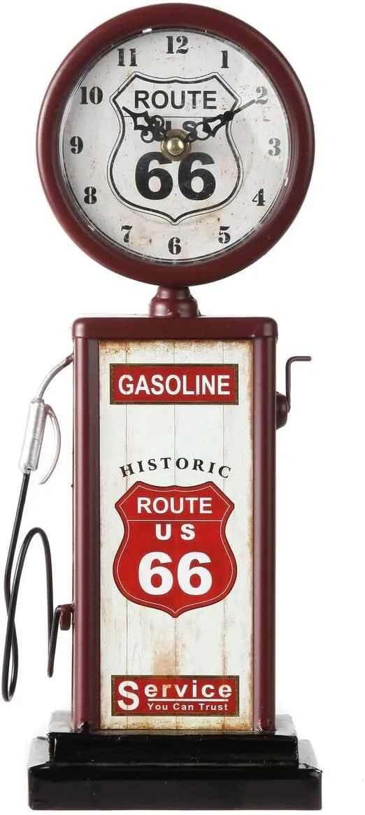 Lily's Home Old Fashioned Route 66 Gas Pump Mantle Clock, Silent-Non-Ticking with Quartz Movement, Makes an Ideal Gift for Antique Sign Collectors, Brown/Red (13 1/2" x 4 3/4")