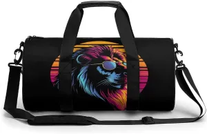 Lion with Glasses Vintage Print Gym Sport Bag Travel Duffel Bags Weekender Carry on Tote Bags for Women Men