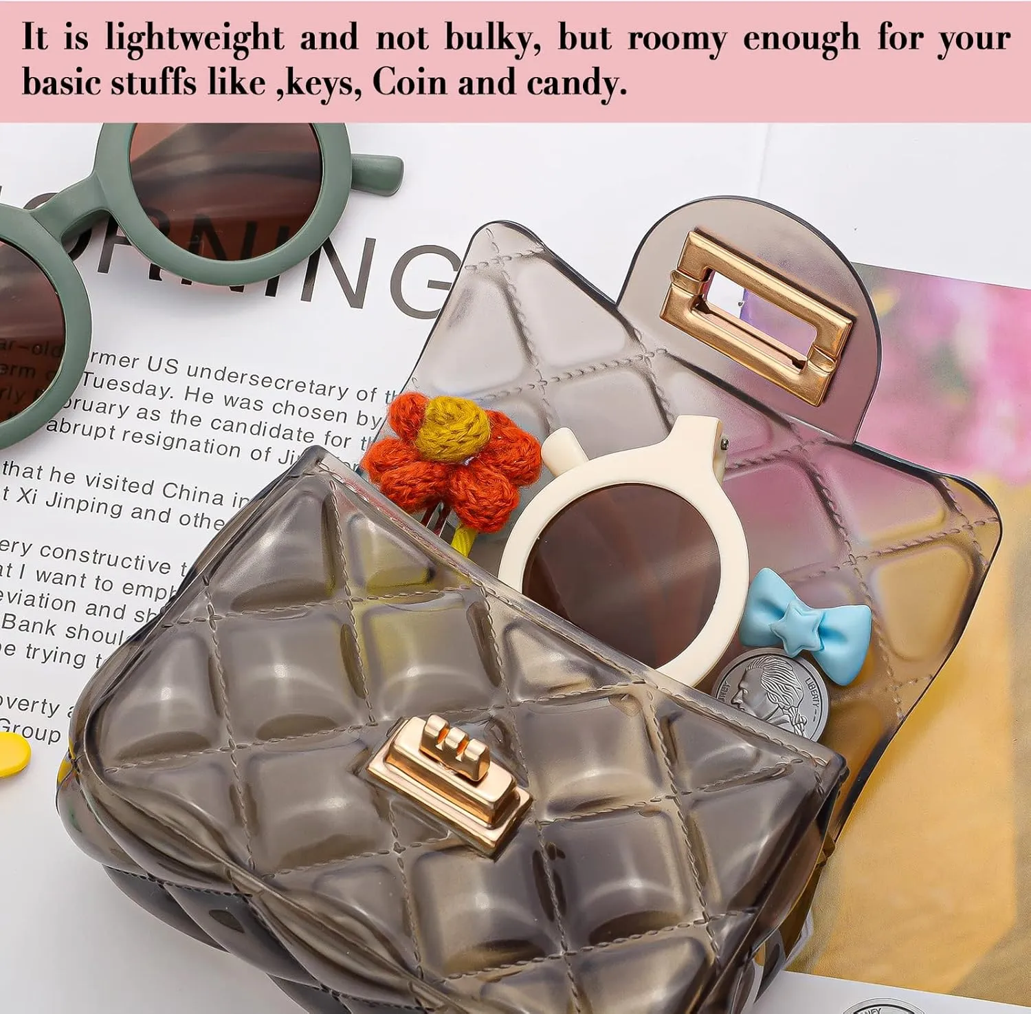 Little Girls Mini Jelly Purse Candy Color Transparent Small Crossbody Bag Cute Princess Handbags with Bead Handle For Toddler Kids (Black)