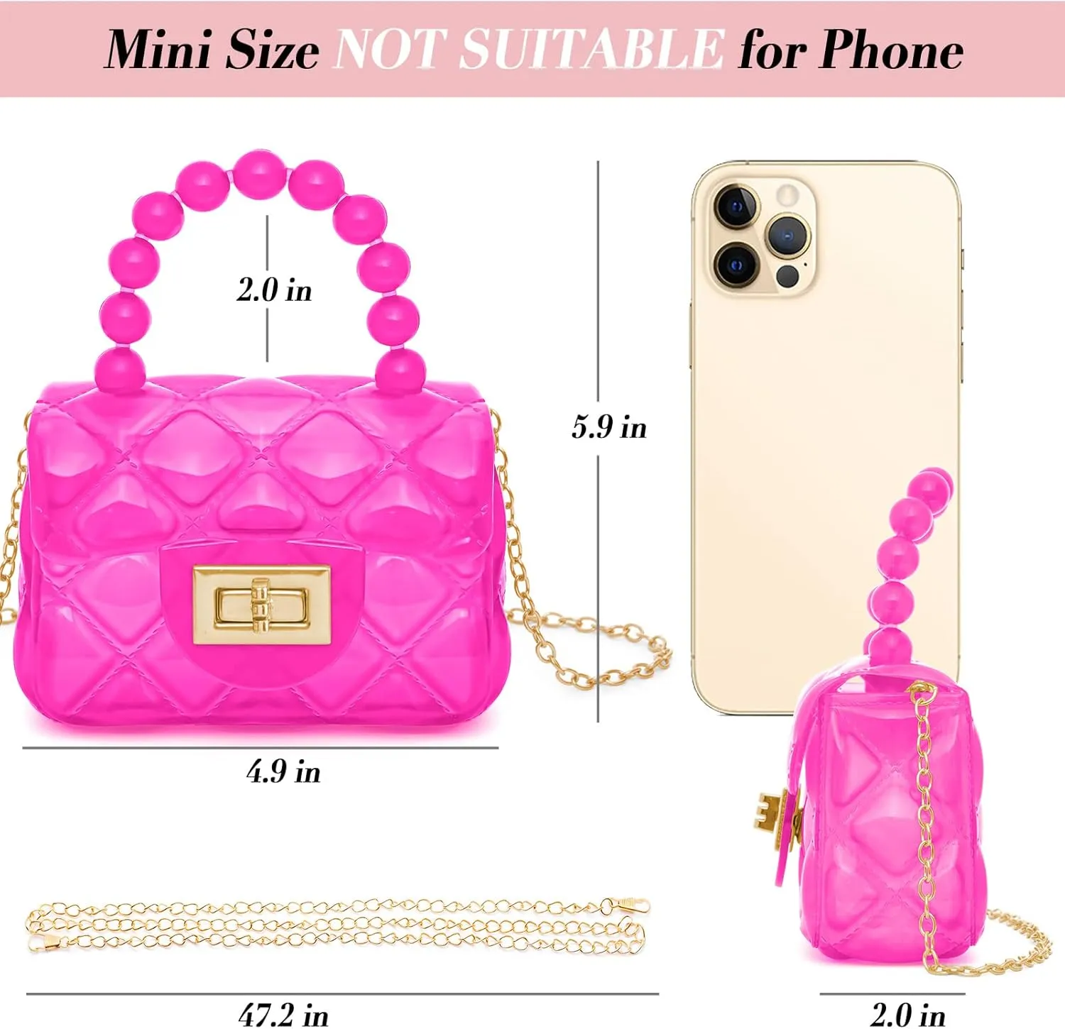 Little Girls Mini Jelly Purse Candy Color Transparent Small Crossbody Bag Cute Princess Handbags with Bead Handle For Toddler Kids (Deep Pink)
