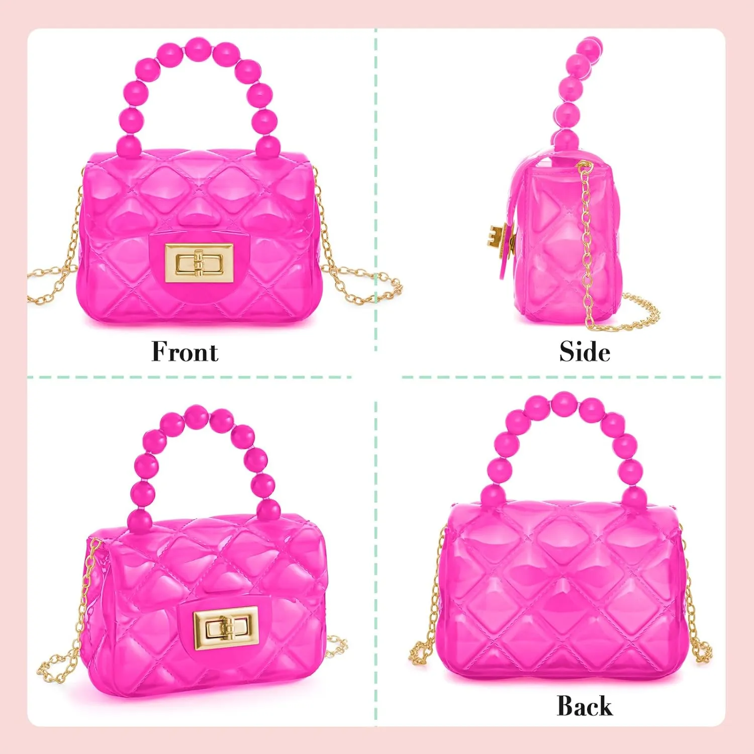 Little Girls Mini Jelly Purse Candy Color Transparent Small Crossbody Bag Cute Princess Handbags with Bead Handle For Toddler Kids (Deep Pink)