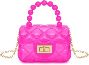 Little Girls Mini Jelly Purse Candy Color Transparent Small Crossbody Bag Cute Princess Handbags with Bead Handle For Toddler Kids (Deep Pink)