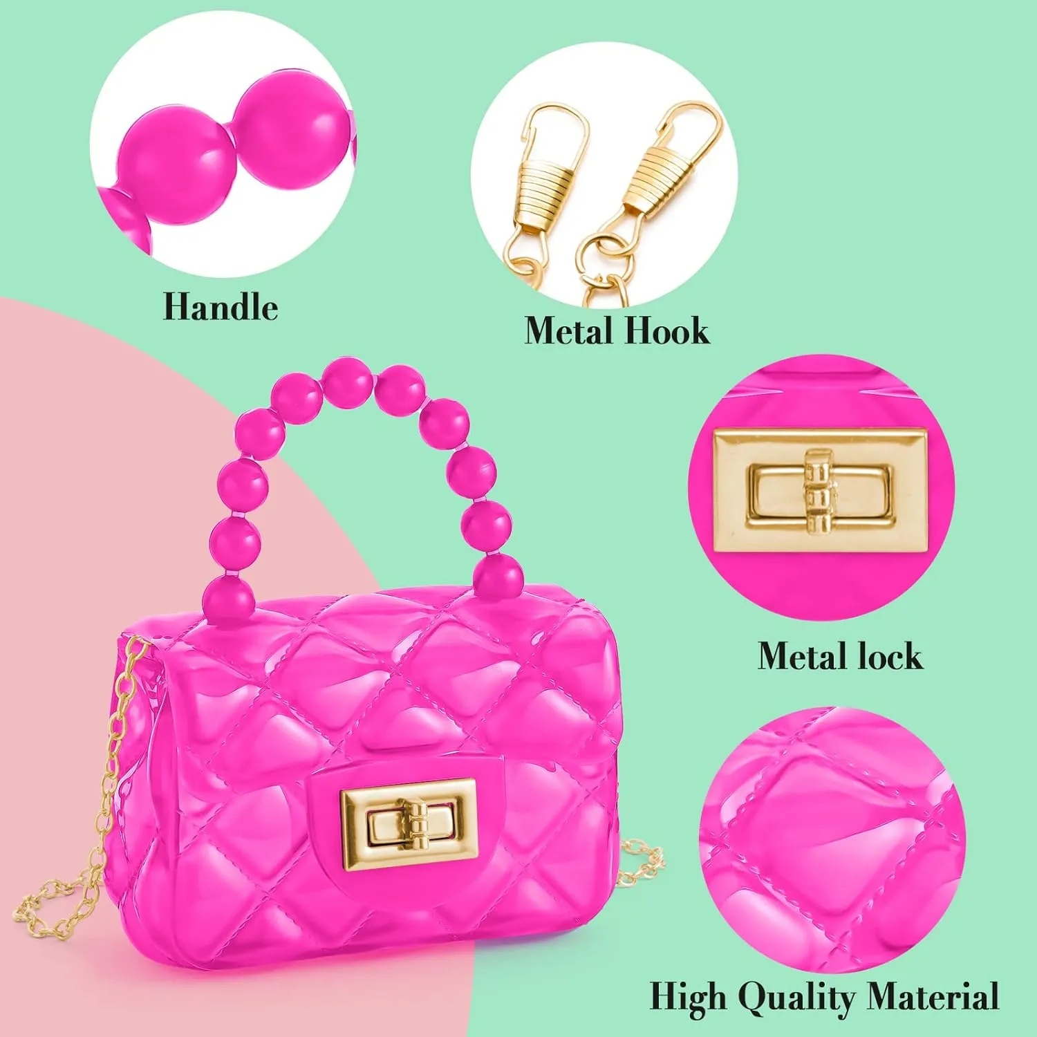 Little Girls Mini Jelly Purse Candy Color Transparent Small Crossbody Bag Cute Princess Handbags with Bead Handle For Toddler Kids (Deep Pink)