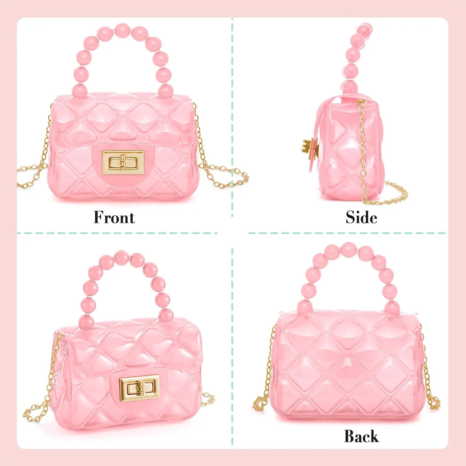 Little Girls Mini Jelly Purse Candy Color Transparent Small Crossbody Bag Cute Princess Handbags with Bead Handle For Toddler Kids (Pink)