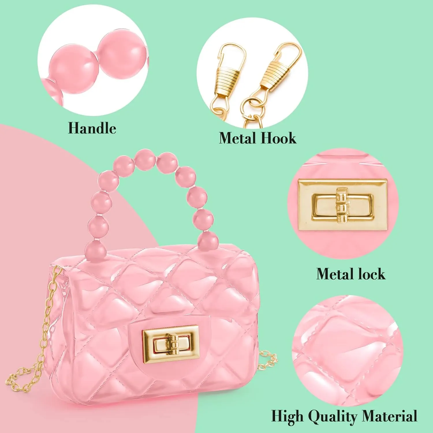 Little Girls Mini Jelly Purse Candy Color Transparent Small Crossbody Bag Cute Princess Handbags with Bead Handle For Toddler Kids (Pink)