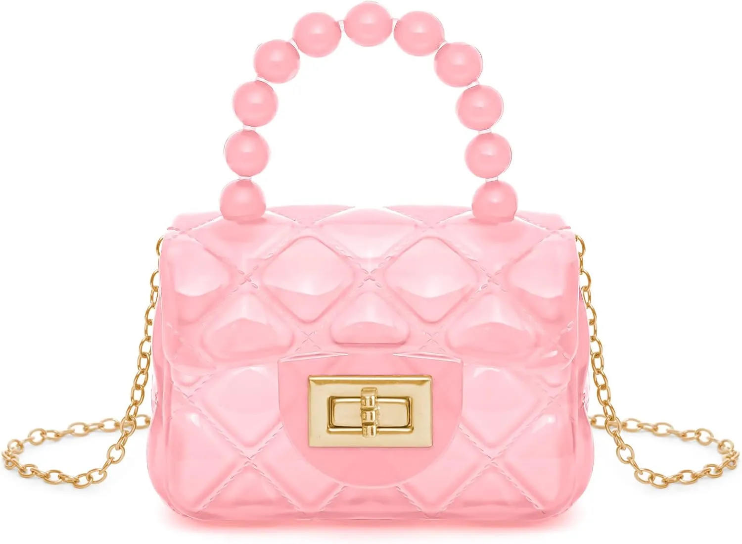 Little Girls Mini Jelly Purse Candy Color Transparent Small Crossbody Bag Cute Princess Handbags with Bead Handle For Toddler Kids (Pink)